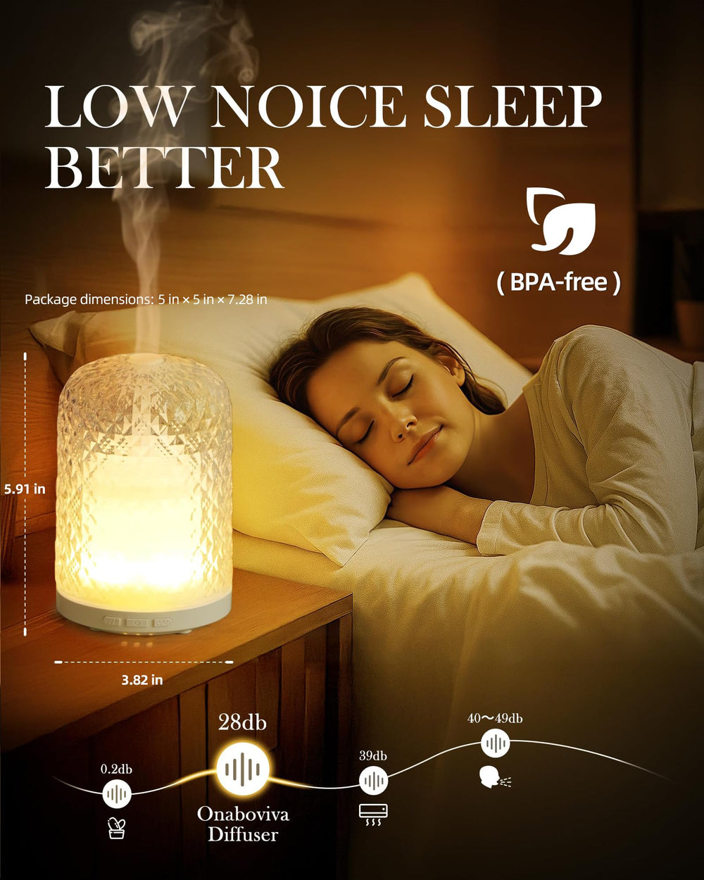 Onaboviva Essential Oil Diffuser front view shows warm ambient glow and gentle mist.