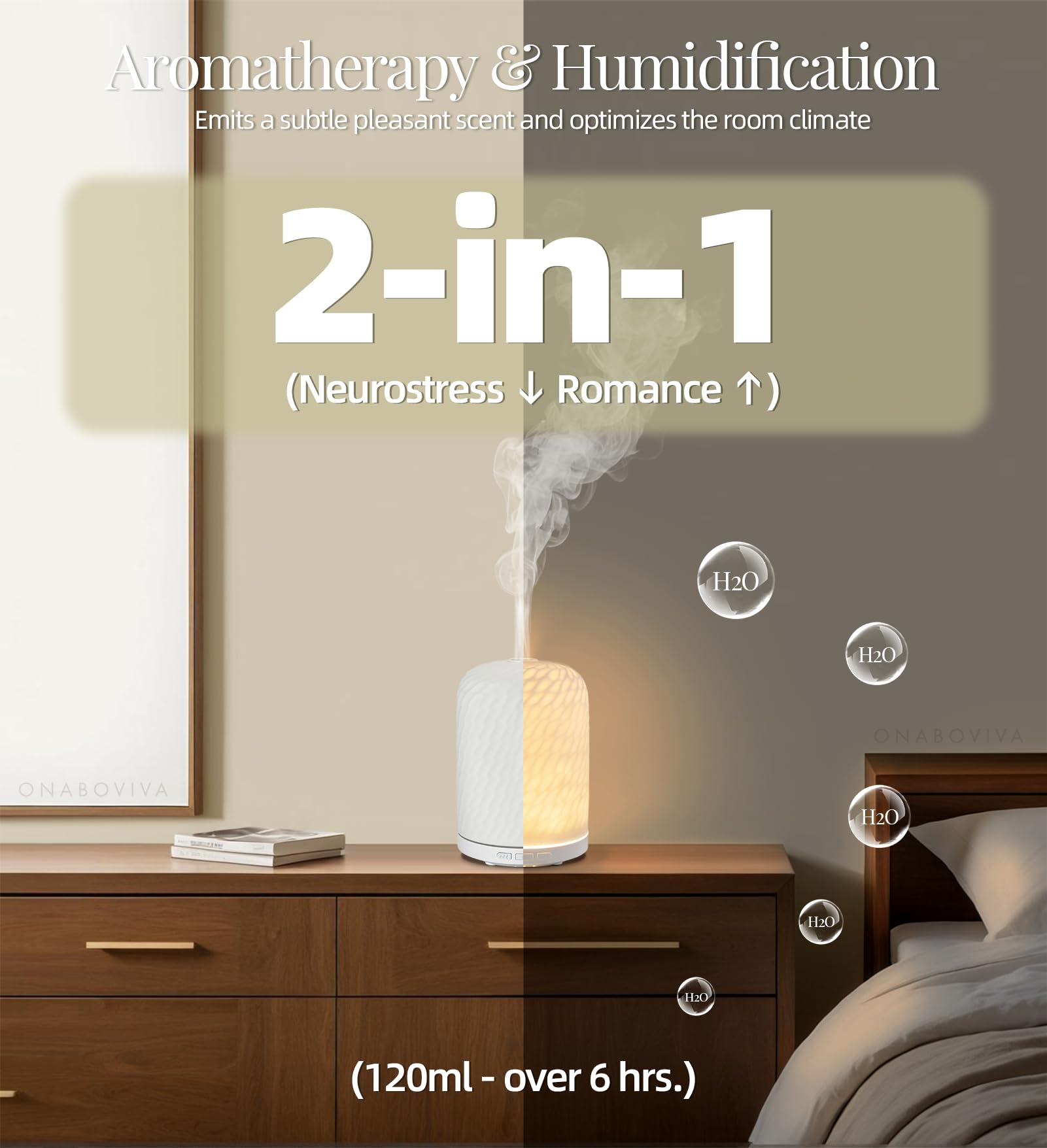 Onaboviva essential oil diffuser top view, compact 120ml tank for desk use.