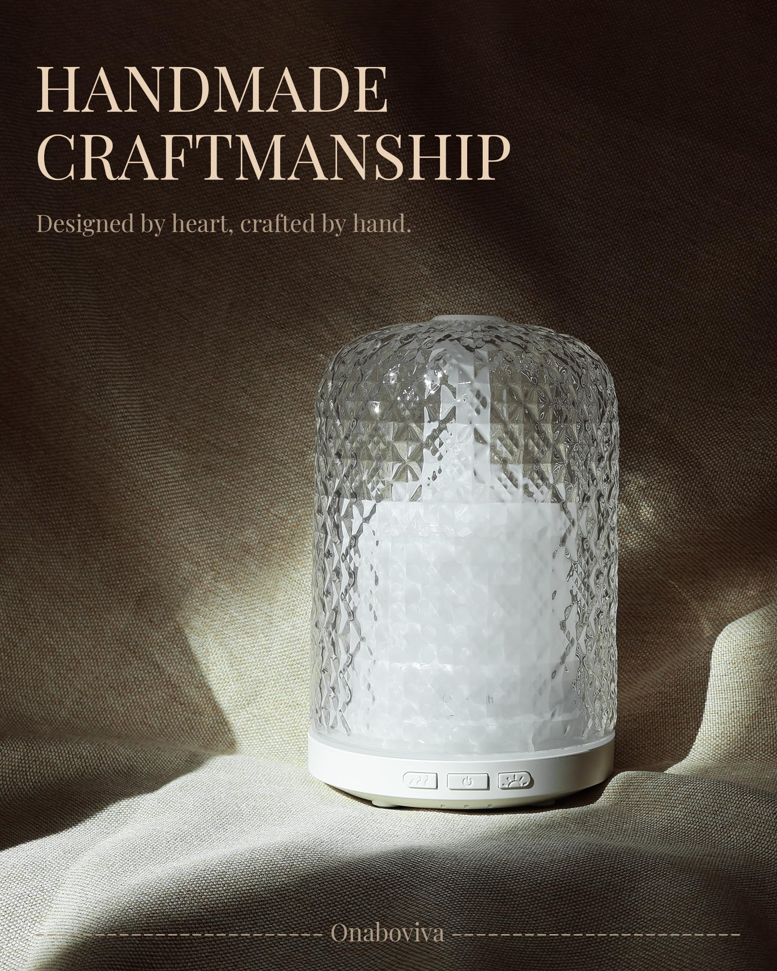 Onaboviva Essential Oil Diffuser water tank close-up emphasizes BPA-free materials.