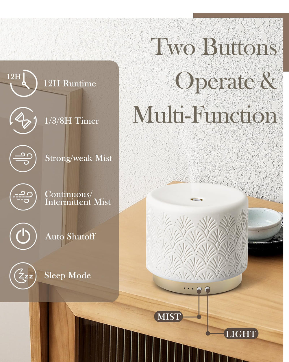Onaboviva diffuser with gold base design enhances decor while emitting quiet aromas.
