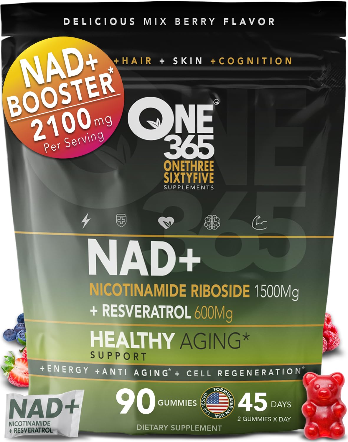 ONE 365 NAD+ gummies bottle promotes energy support