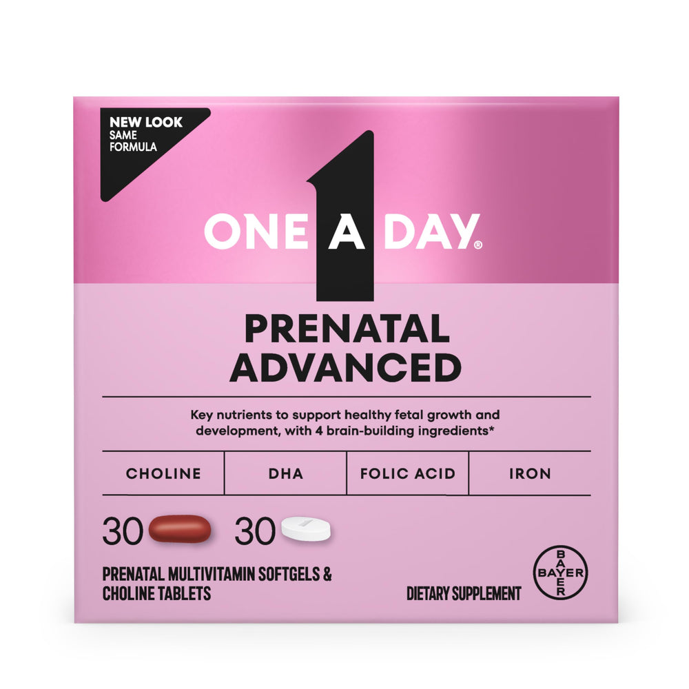 ONE A DAY Prenatal Advanced bottle front highlighting brain-building nutrients for pregnancy