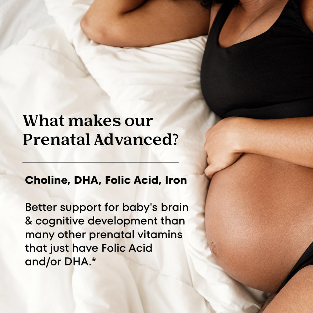 ONE A DAY Prenatal Advanced label details choline DHA folic acid and iron for fetal development
