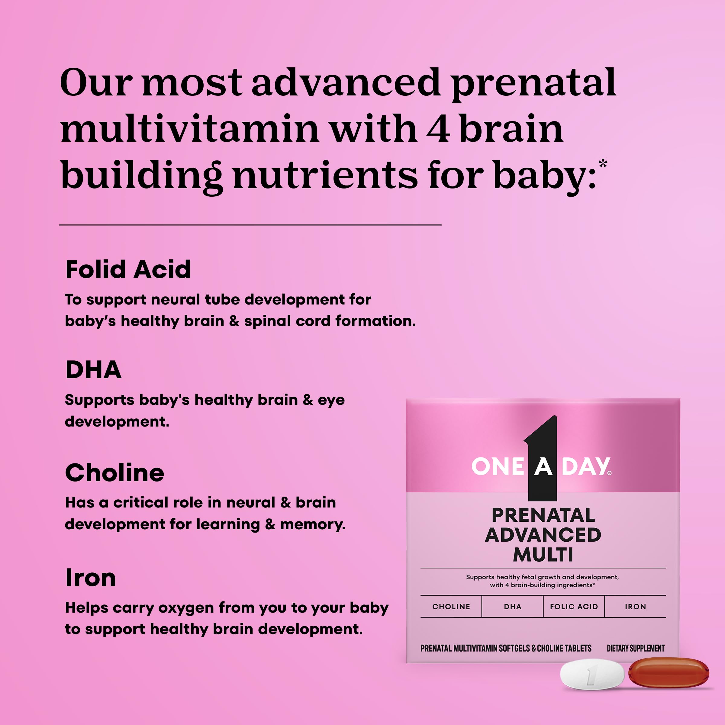 ONE A DAY Prenatal Advanced tablets beside water for easy daily use
