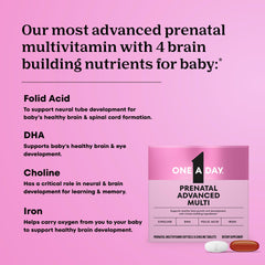 ONE A DAY Prenatal Advanced tablets beside water for easy daily use