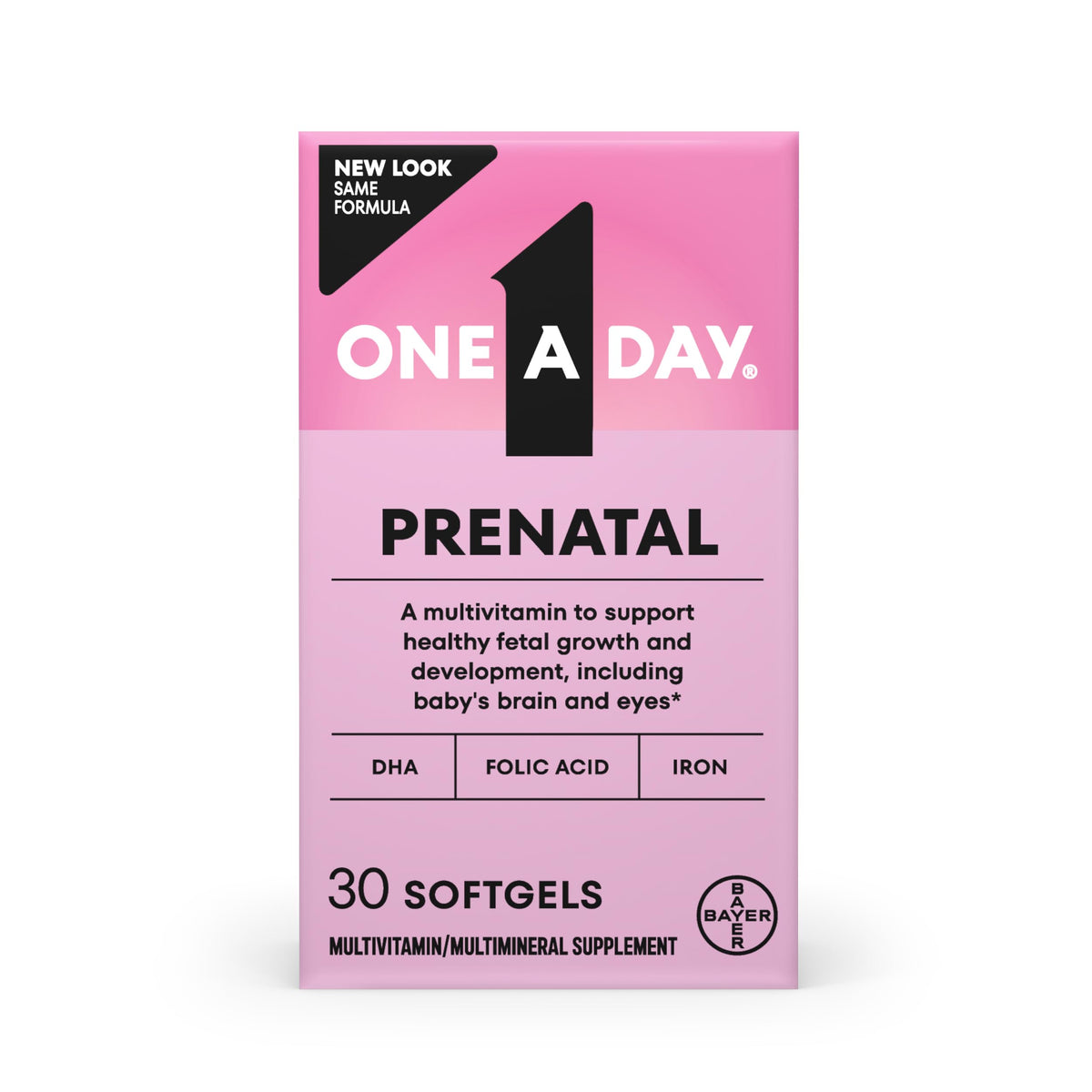 ONE A DAY Prenatal bottle front highlighting essential nutrients for pregnancy