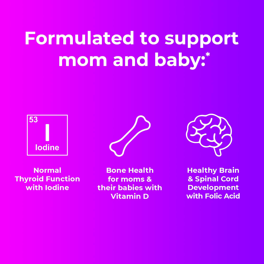 One A Day Prenatal Gummies bottle back highlighting iron-free formula and key nutrients