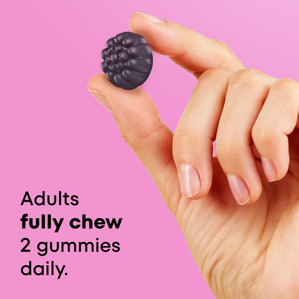 One A Day Prenatal Gummies two gummies daily dosage closeup visible on pack.