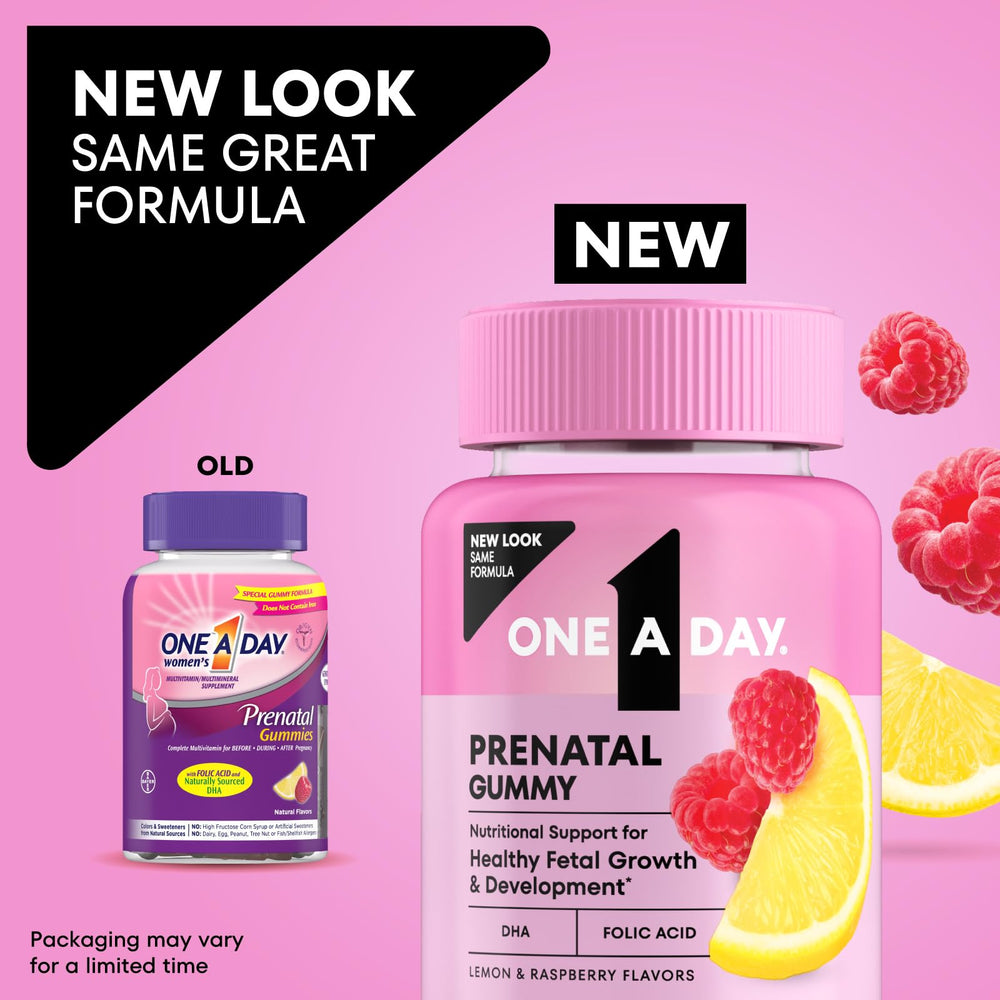 One A Day Prenatal Gummies lemon flavor closeup for gentle, tasty daily use.