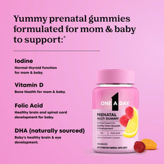 One A Day Prenatal Gummies raspberry flavor closeup for enjoyable pregnancy nutrition.