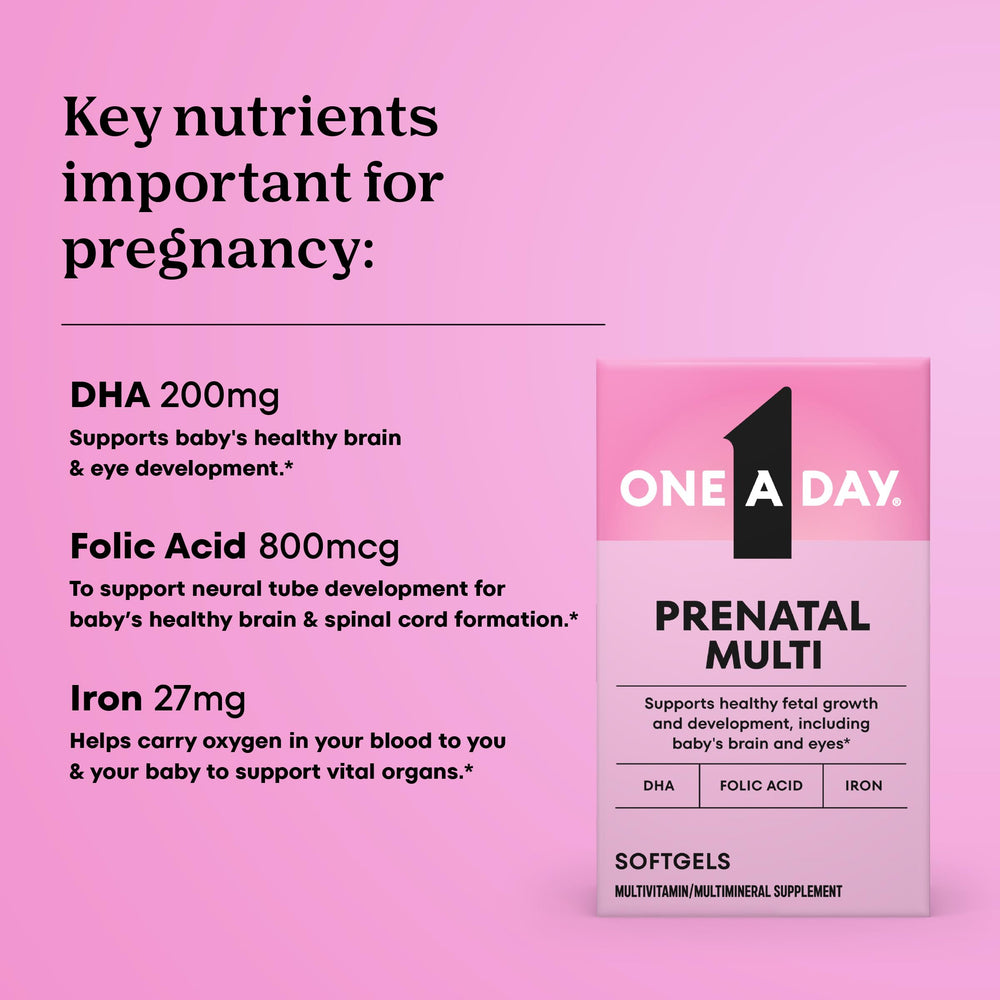 One A Day prenatal iron-DHA softgels close-up highlighting essential daily nutrition.