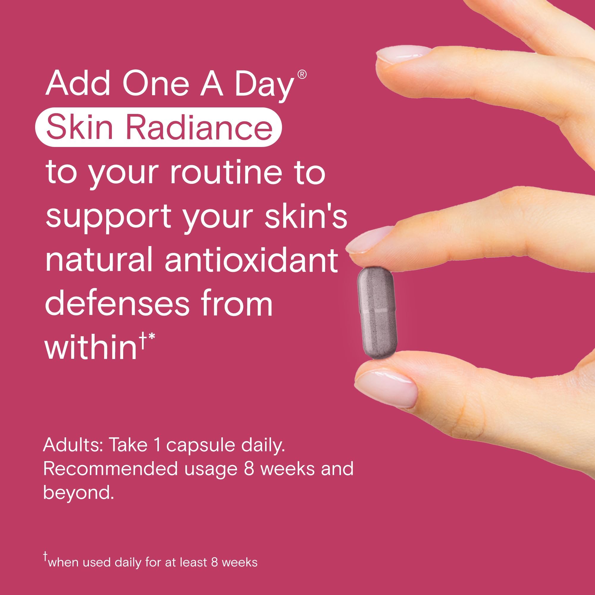 One A Day Skin Radiance with Blood Orange Extract highlights hydration and glow.