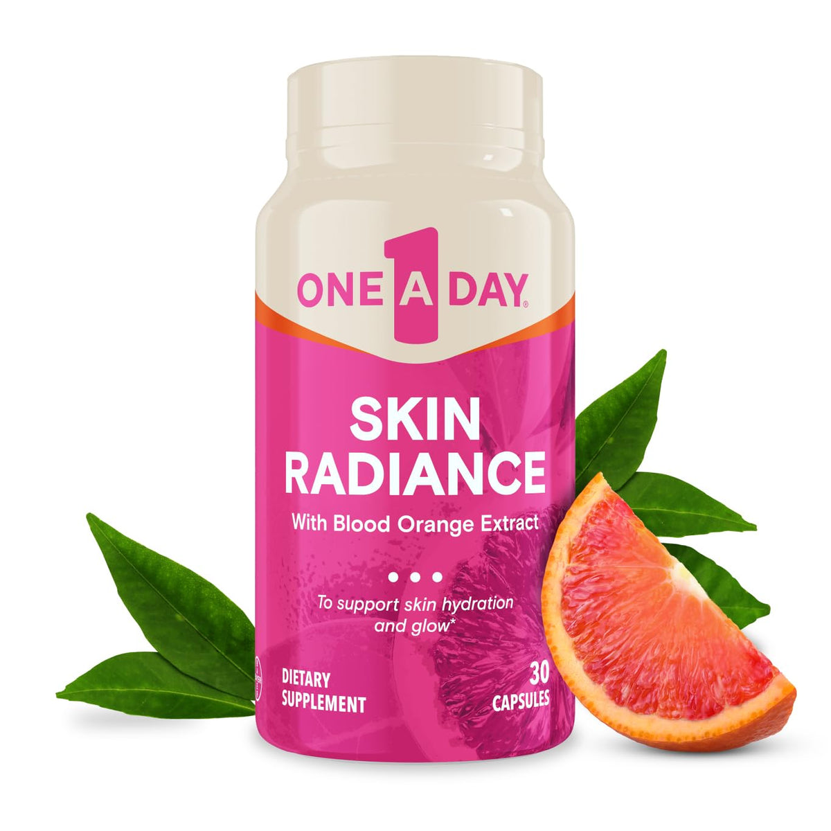 One A Day Skin Radiance bottle on counter supports daily hydration and glow.