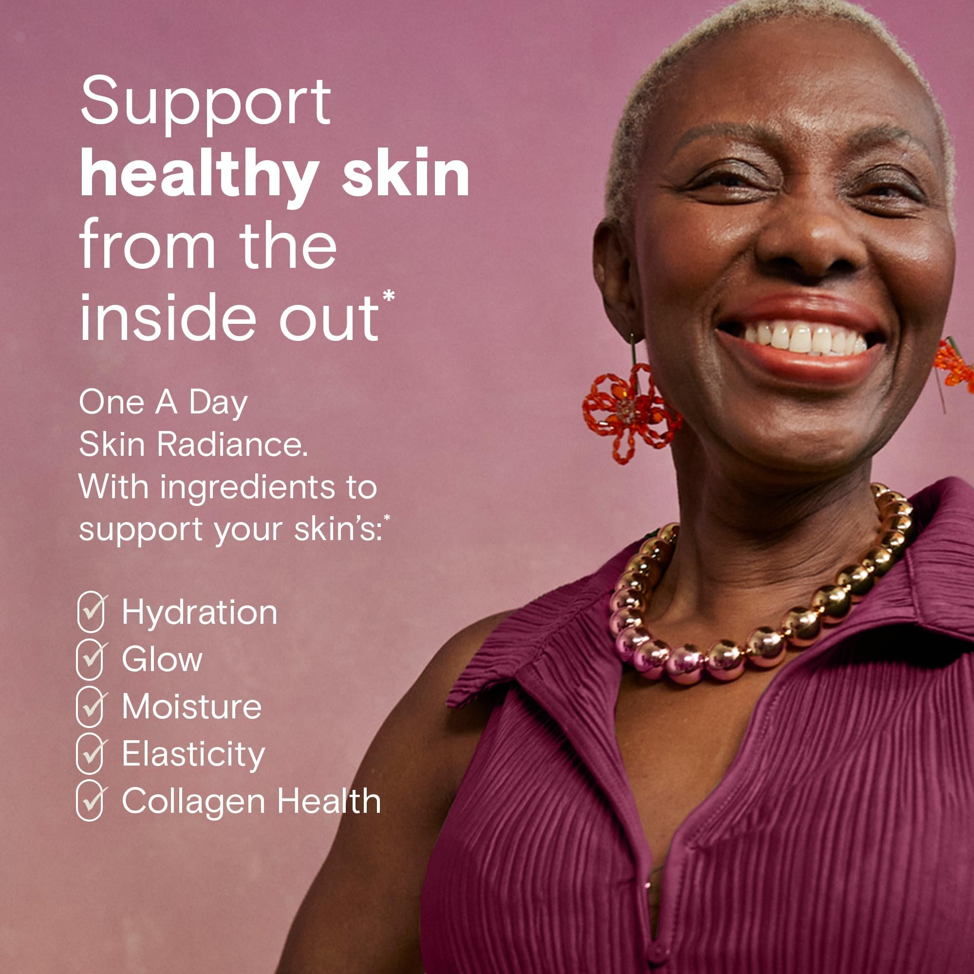 One A Day Skin Radiance capsules closeup emphasizes compact daily supplement.