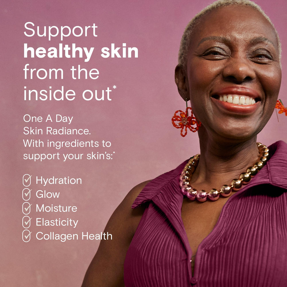 One A Day Skin Radiance capsules closeup emphasizes compact daily supplement.