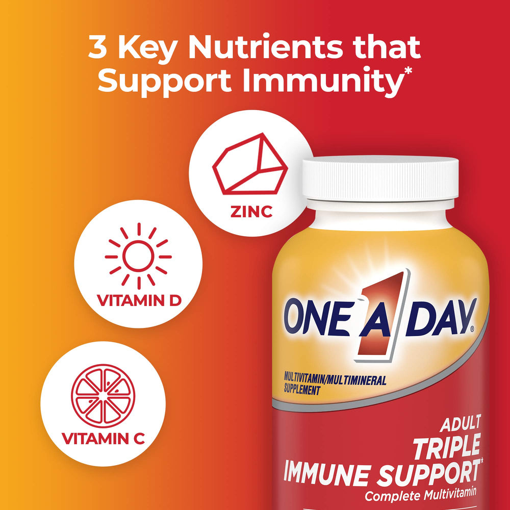 One A Day Triple Immune Support tablet close-up showing essential vitamins and minerals