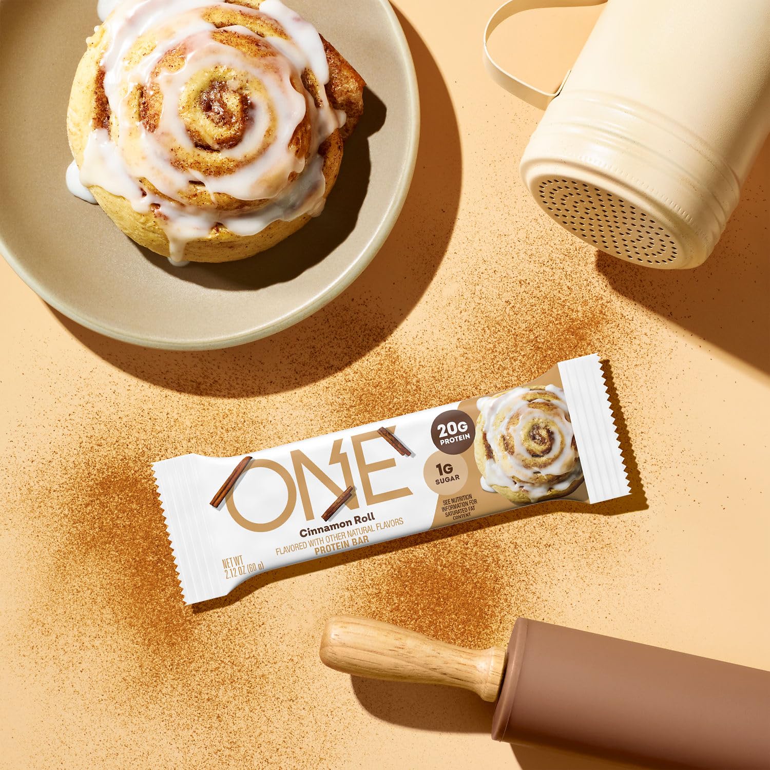 ONE Cinnamon Roll bar served as quick breakfast protein option.