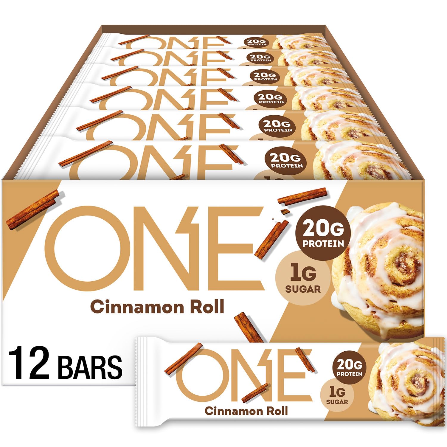 ONE Cinnamon Roll bar packaging highlights gluten-free protein snack.