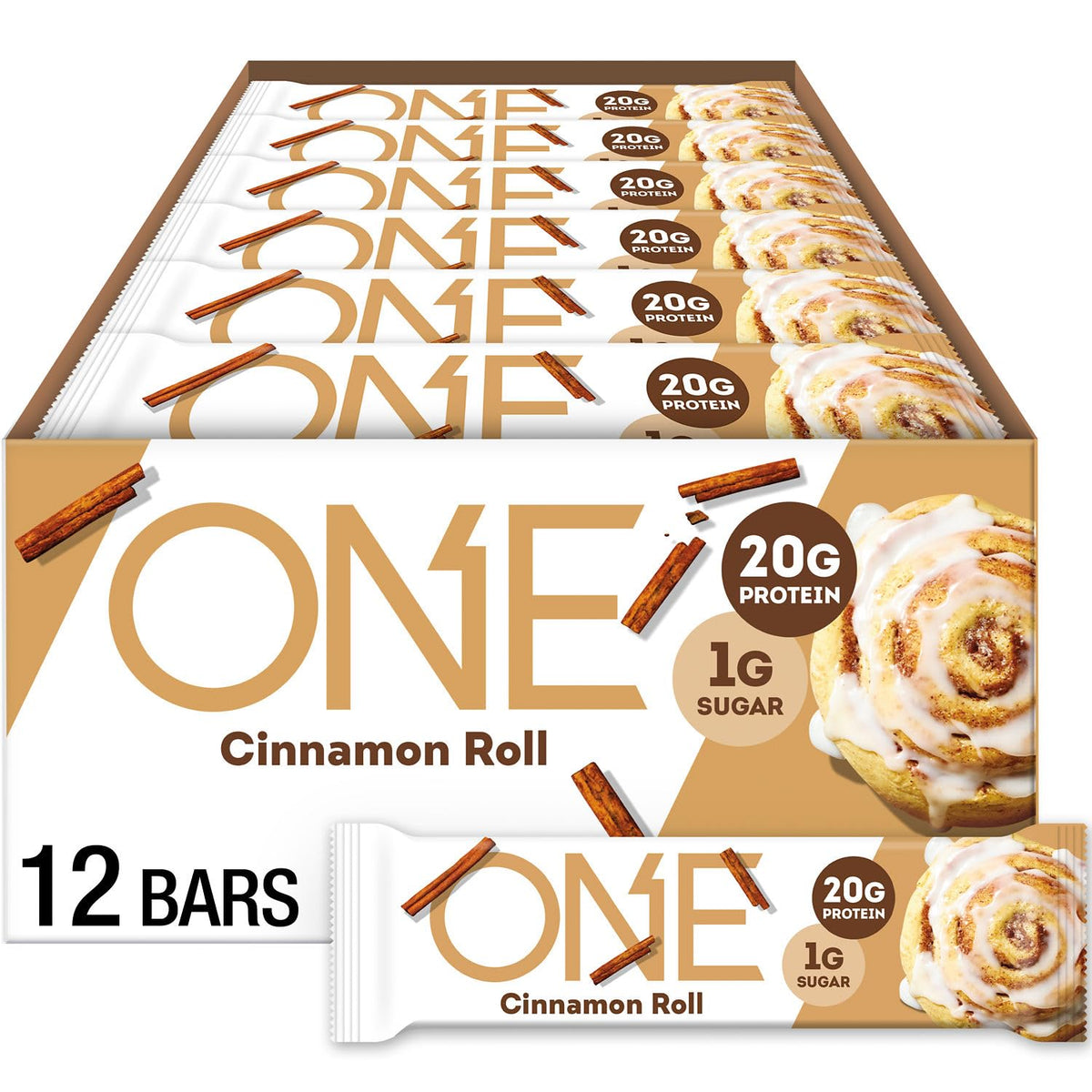 ONE Cinnamon Roll bar packaging highlights gluten-free protein snack.