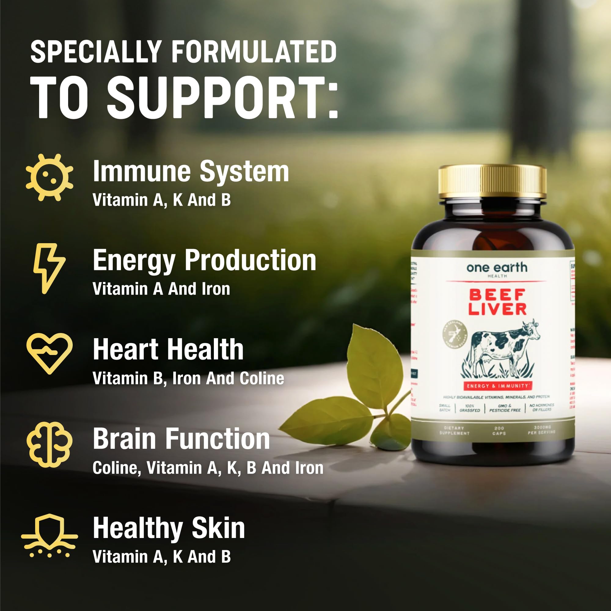 Close-up of One Earth Health liver capsules highlighting grass-fed New Zealand origin.
