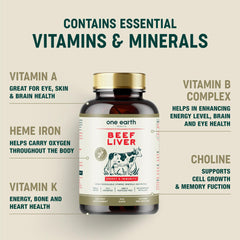 One Earth Health label shows hormone-free, filler-free beef liver capsules.