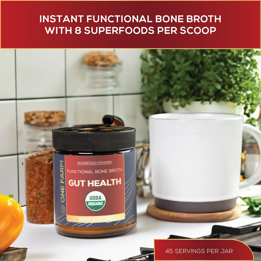 One Farm Bone Broth powder dissolving in hot water for a comforting cup