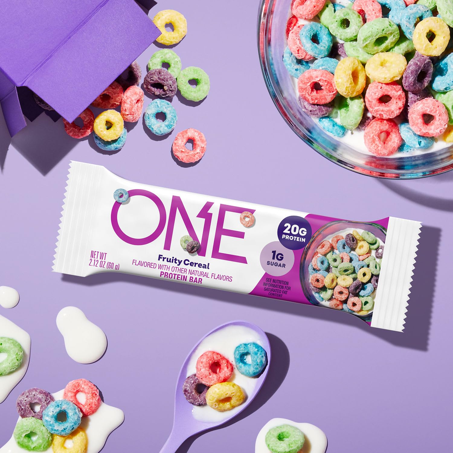 ONE Fruity Cereal bar gluten-free label highlights a safe, allergen-friendly snack option