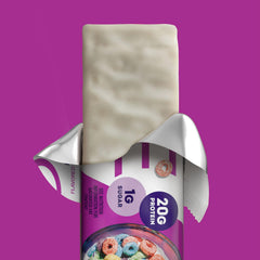 ONE Fruity Cereal bar nutrition panel shows 20 g protein per serving