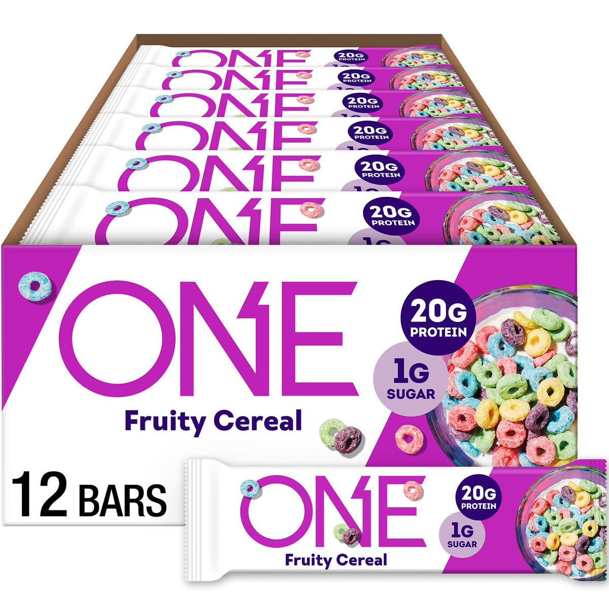 ONE Fruity Cereal protein bar front-pack view for a quick, protein-packed snack
