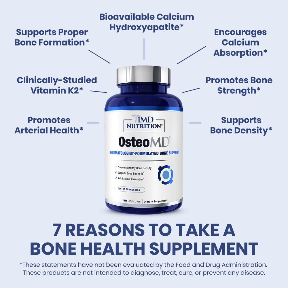 1MD Nutrition OsteoMD bottle side view with dosage guidance for bone health