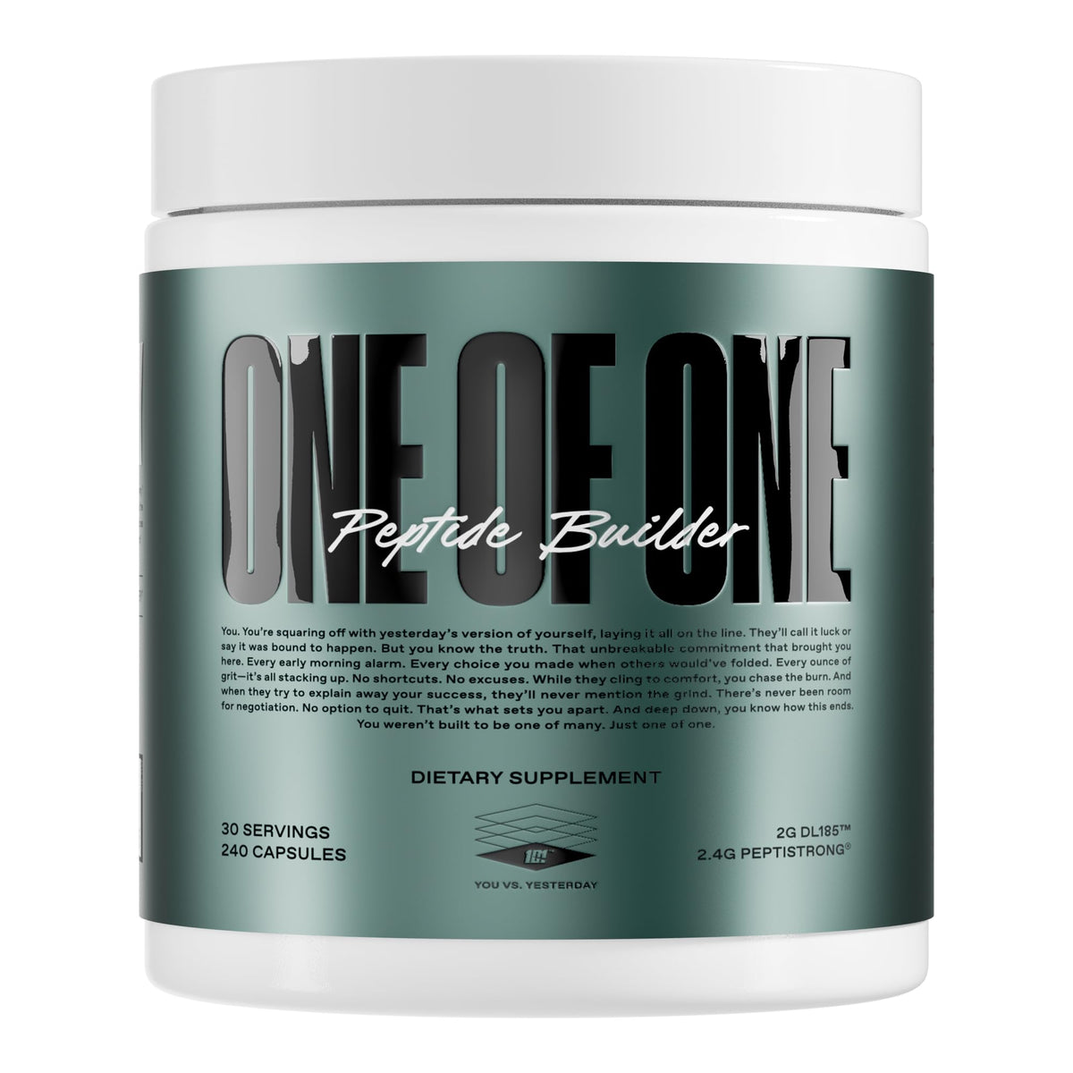 ONE OF ONE Peptide Builder bottle closeup, showing premium formula for training support.
