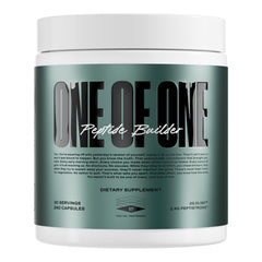 ONE OF ONE Peptide Builder bottle closeup, showing premium formula for training support.