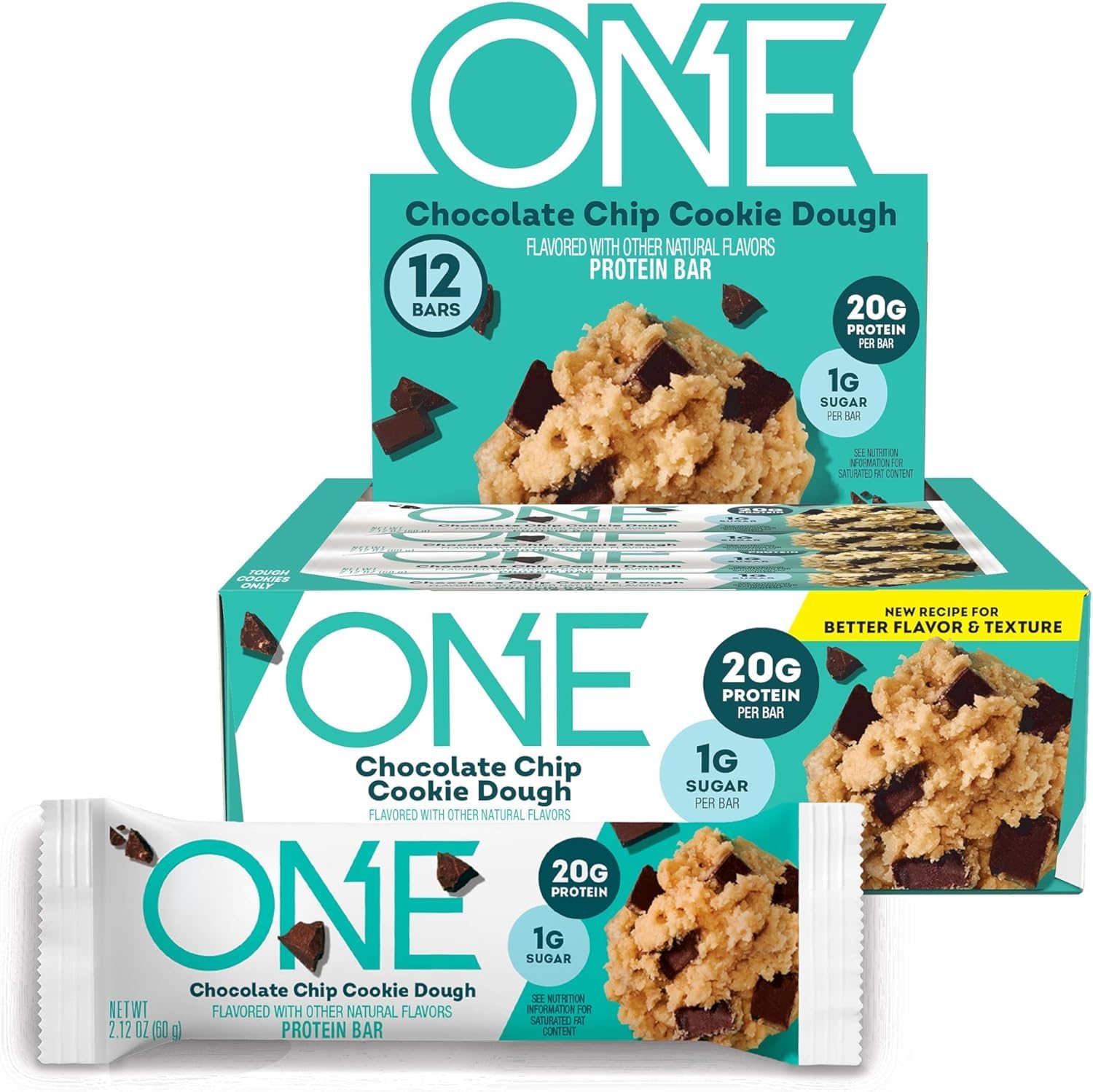 ONE Protein Bars packaging front shows chocolate chip cookie dough flavor for convenient pantry snacking.