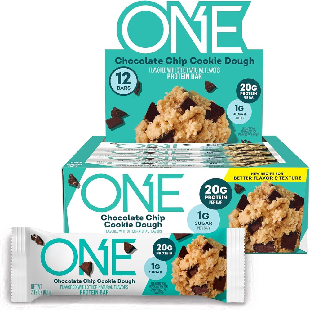 ONE Protein Bars packaging front shows chocolate chip cookie dough flavor for convenient pantry snacking.