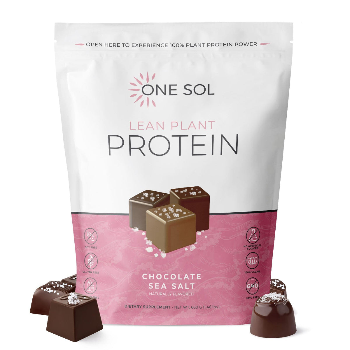 One Sol Lean Protein bottle shows vegan, low-carb formula for active days.