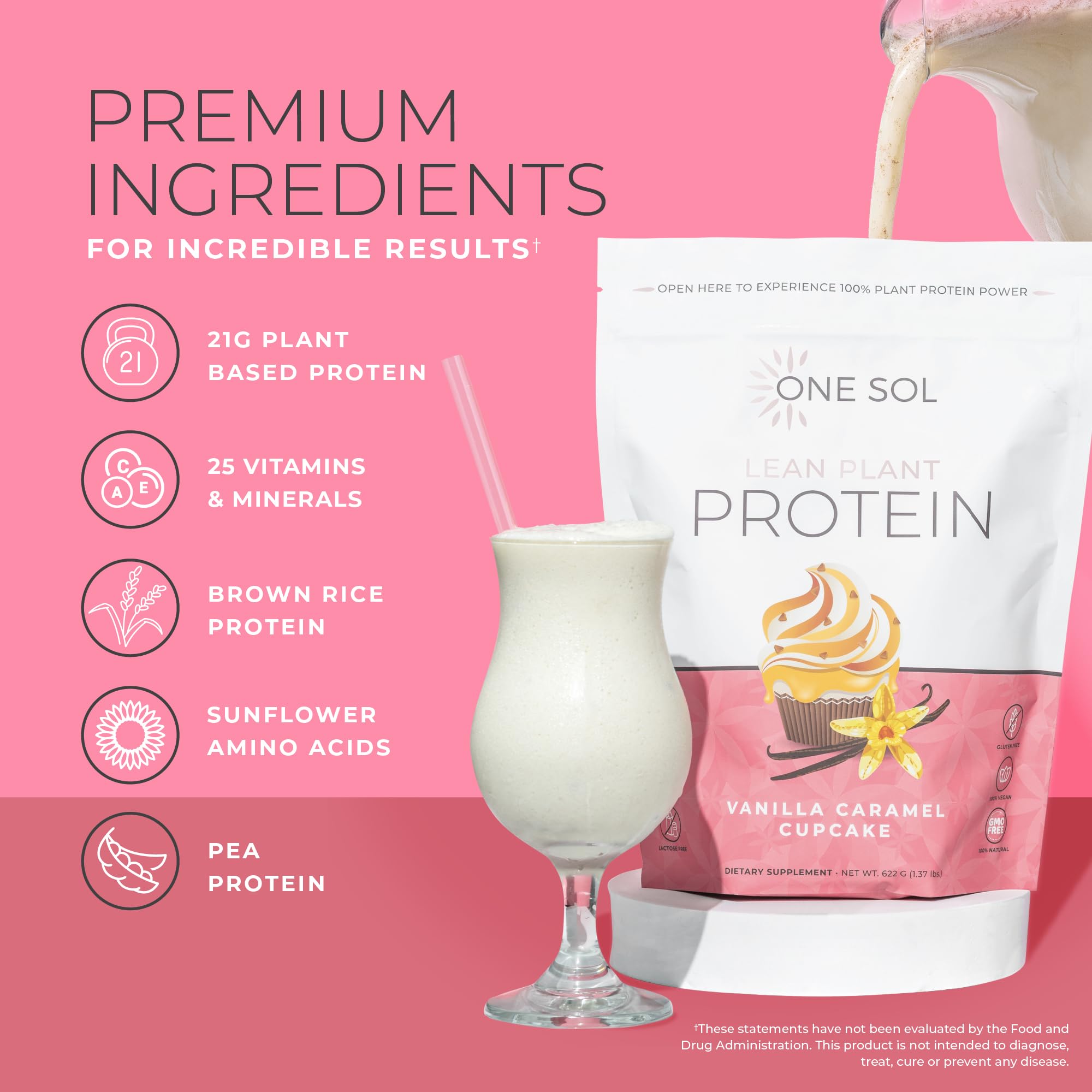 One Sol Lean Protein ingredients pea brown rice close-up highlights plant-based nutrition.