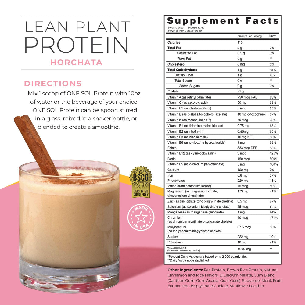 One Sol Lean Protein powder ingredients show pea and brown rice blend