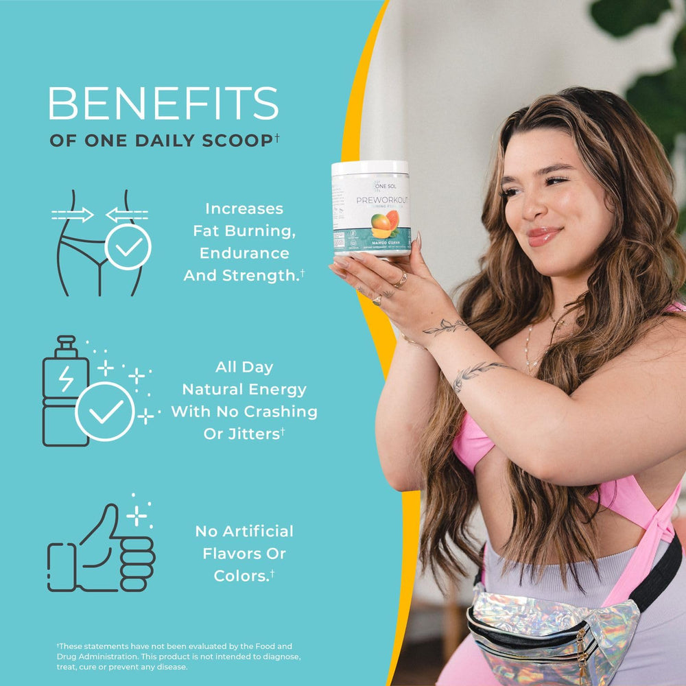 One Sol Pre-Workout bottle delivers smooth energy without jitters.