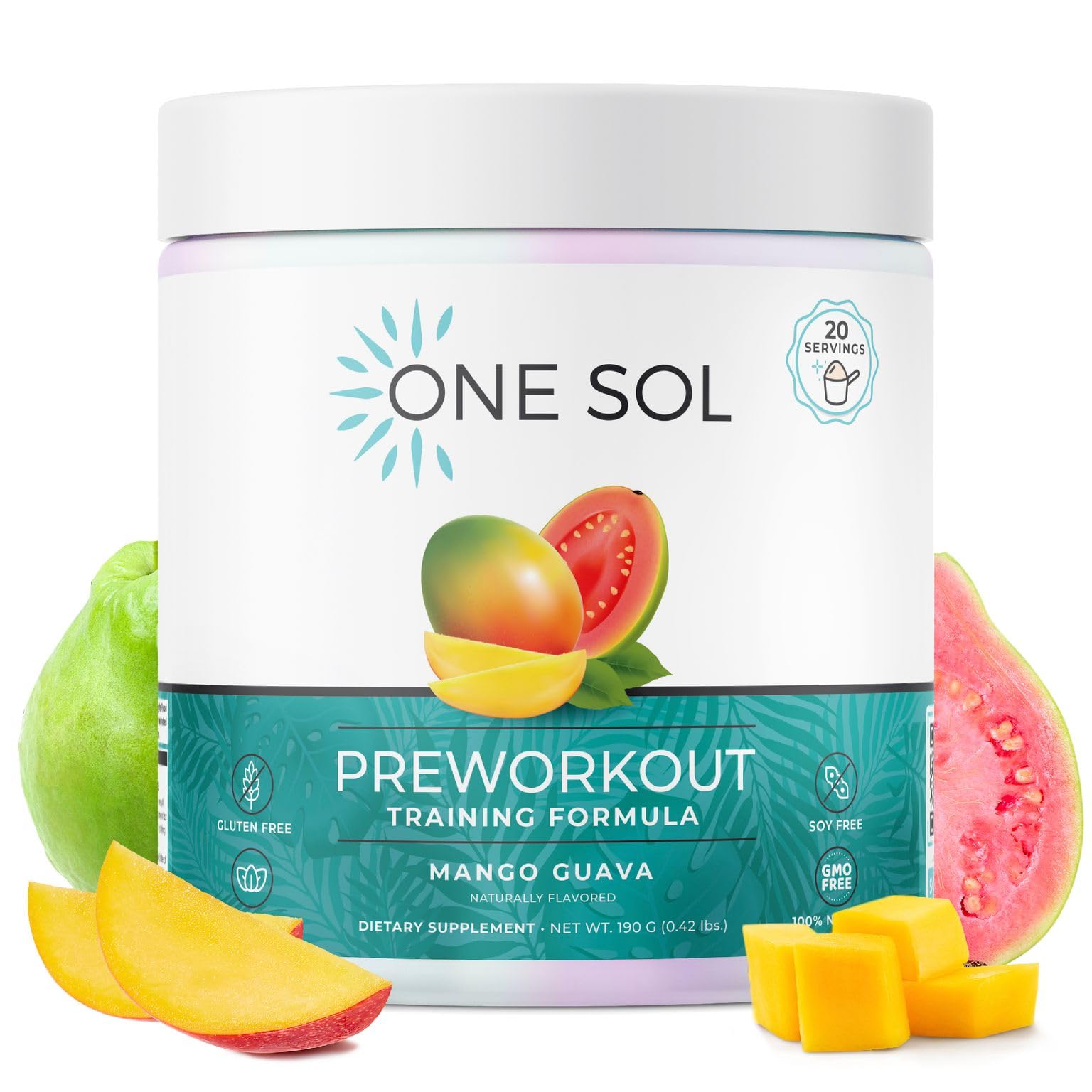 One Sol Pre-Workout Mango Guava bottle promotes a strong pump and focused energy.