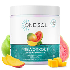 One Sol Pre-Workout Mango Guava bottle promotes a strong pump and focused energy.