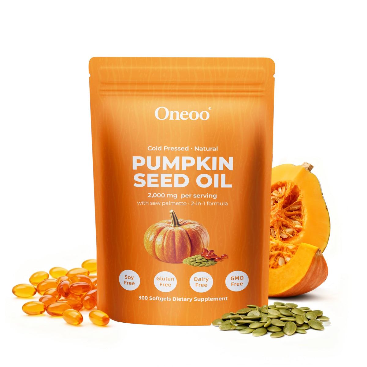 Oneoo Pumpkin Seed Oil softgels bottle, high potency for daily hair and urinary support.