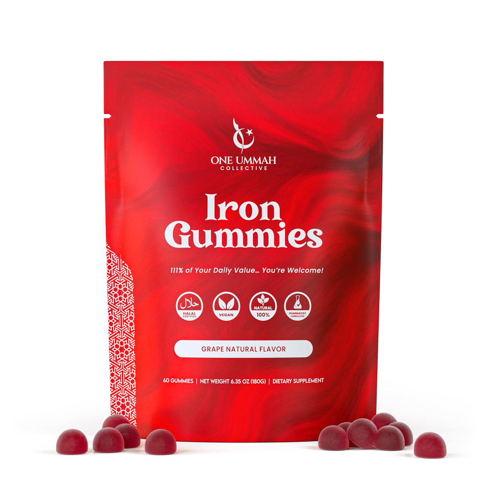 One Ummah Halal Iron Gummies bottle front shows berry flavor and daily energy support