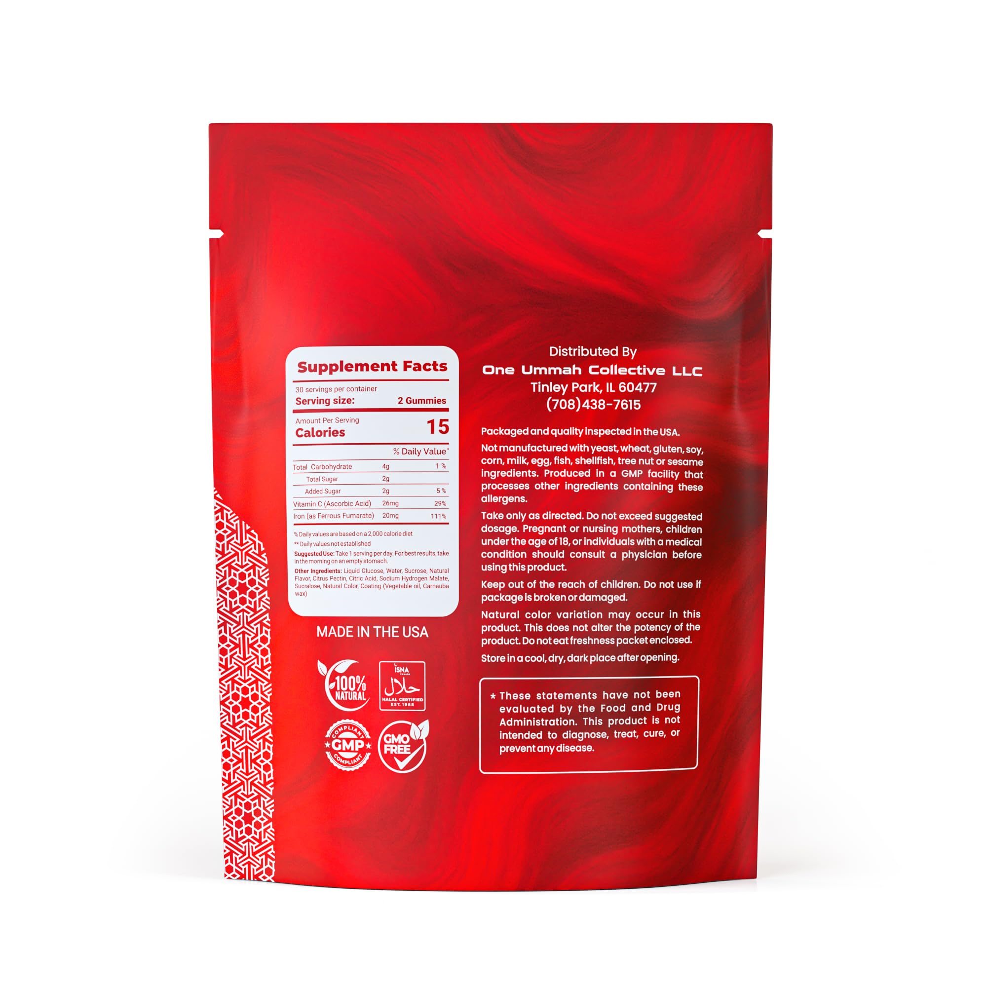 One Ummah Halal Iron Gummies label closeup highlights vitamin C for absorption
