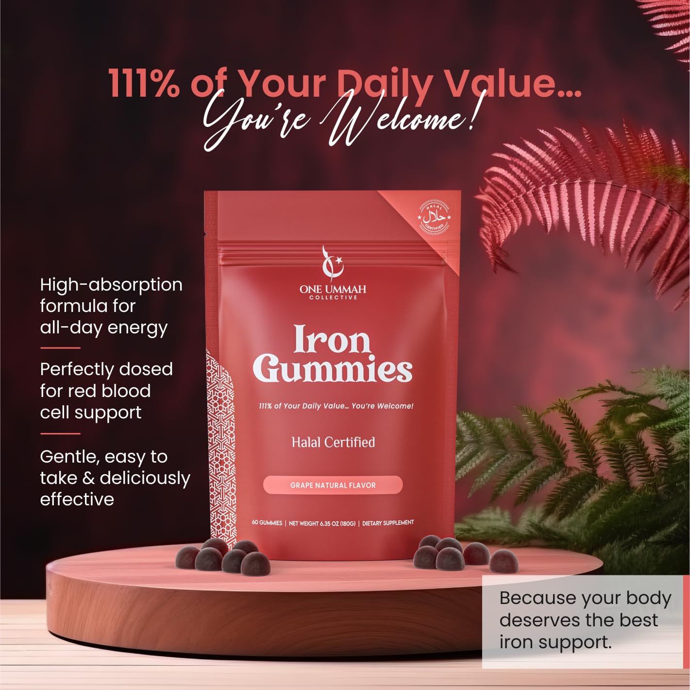 One Ummah Halal Iron Gummies packaging shows 60 count bottle and value
