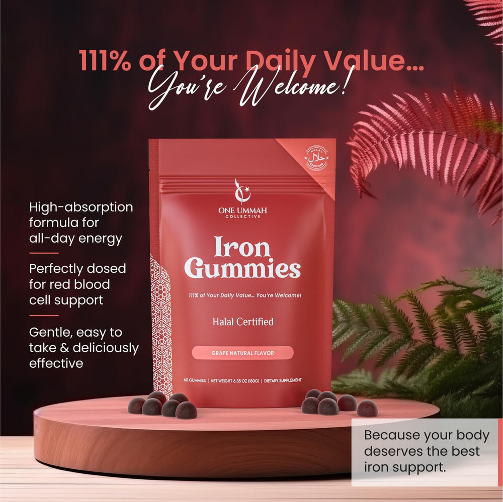 One Ummah Halal Iron Gummies packaging shows 60 count bottle and value