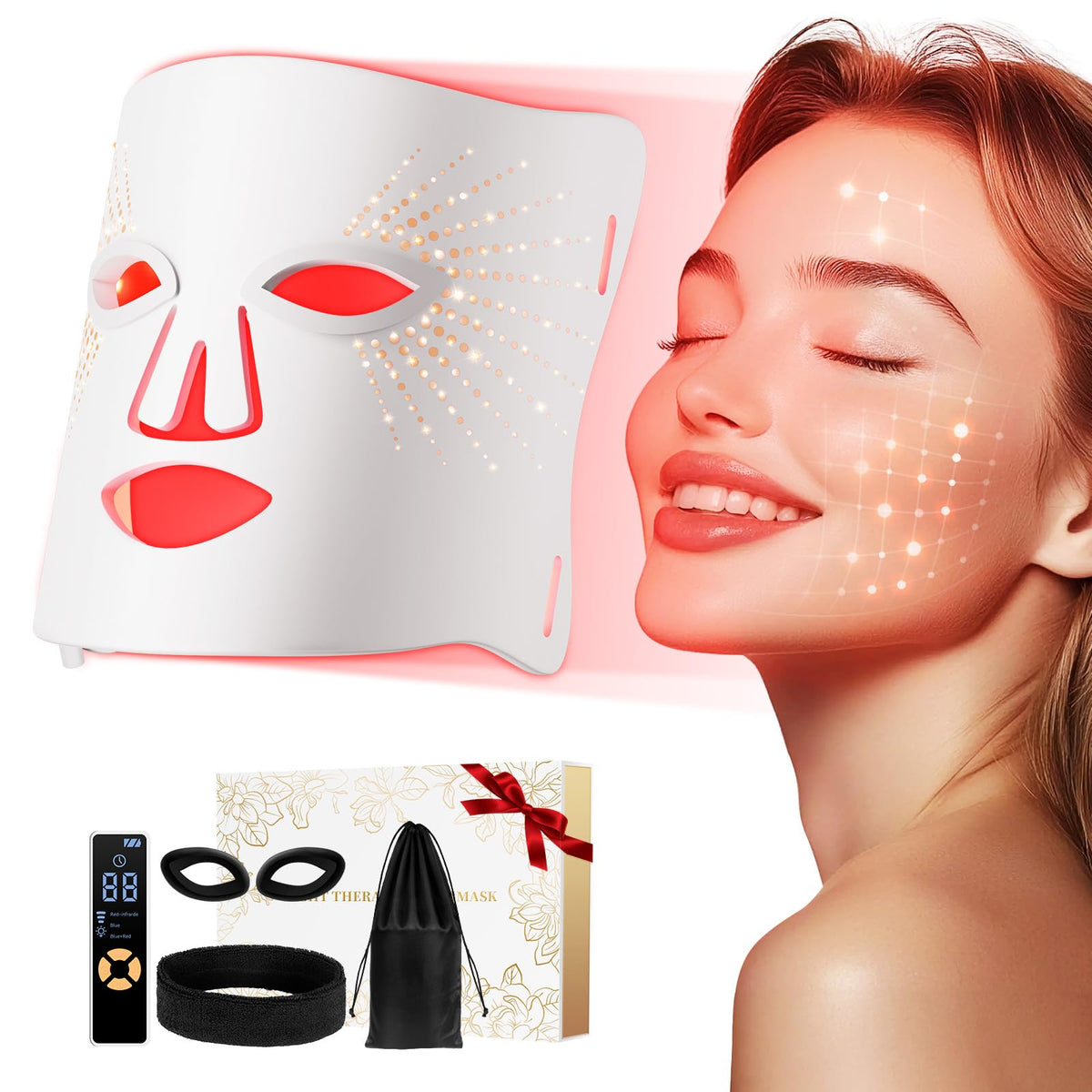 ONLUKY red light mask close-up on forehead highlighting facial glow potential.