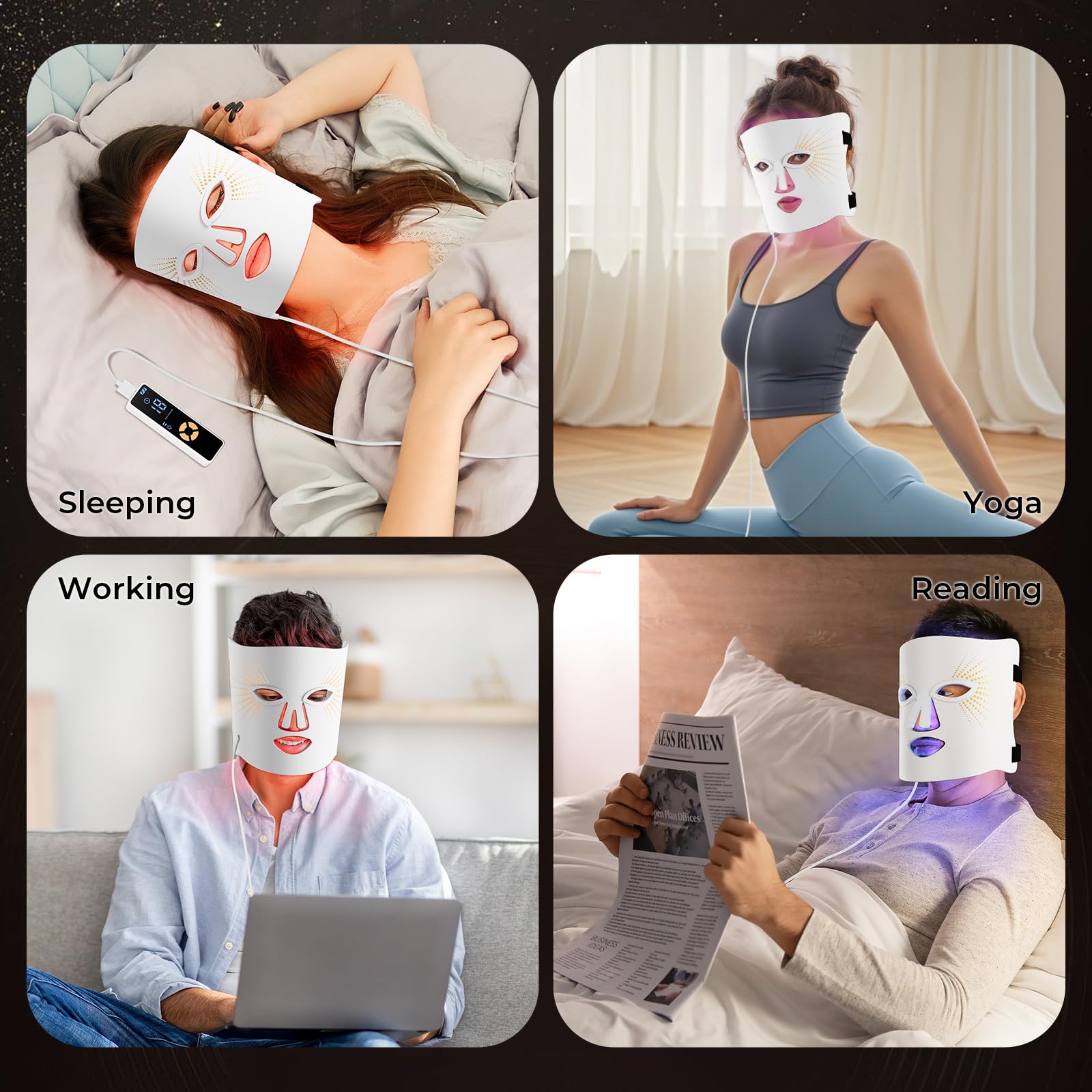 ONLUKY red light mask timer settings illustrate 10/20/30 minute sessions.