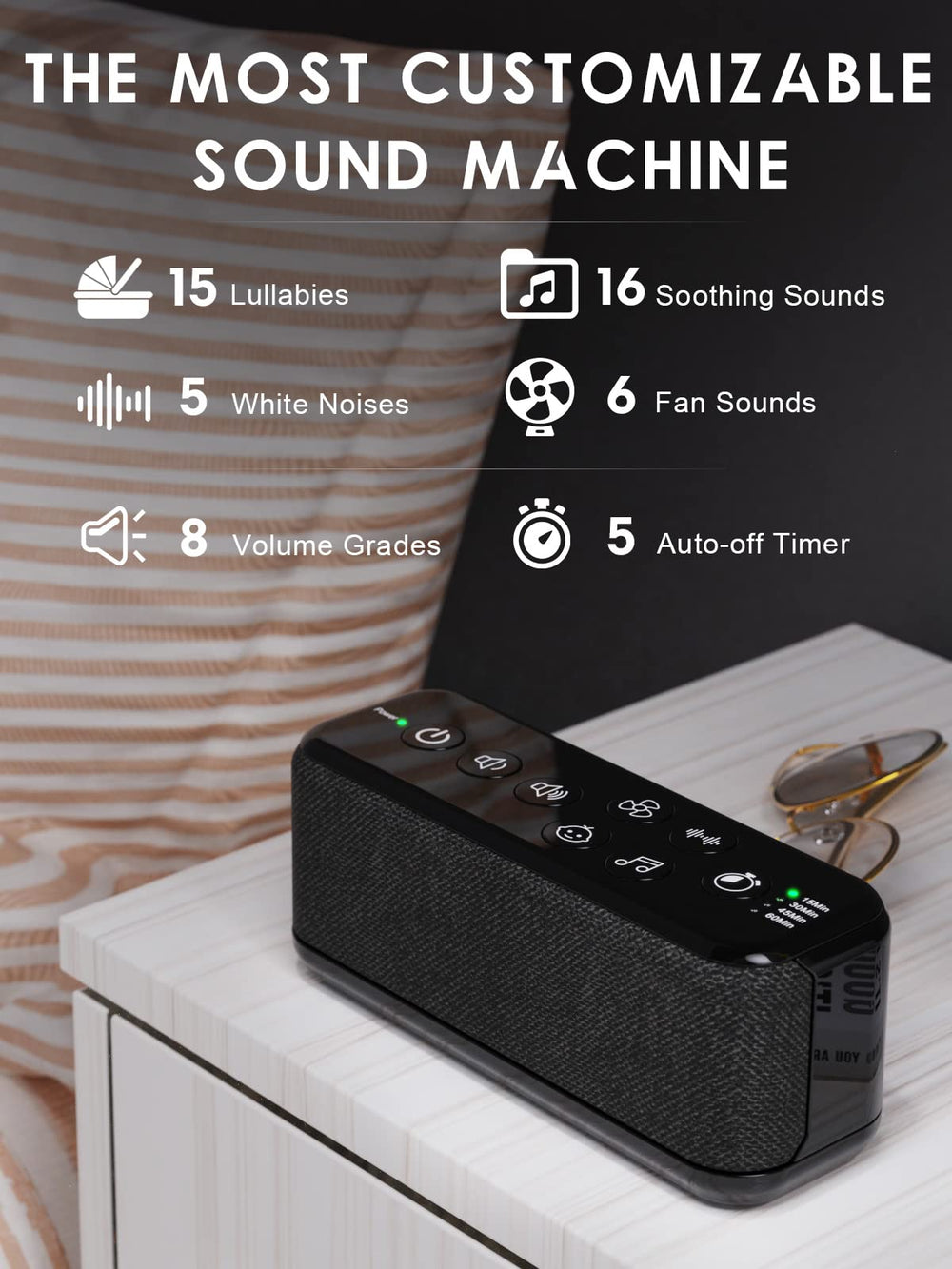 OnLyee portable white noise machine showing hi-fi stereo speakers.
