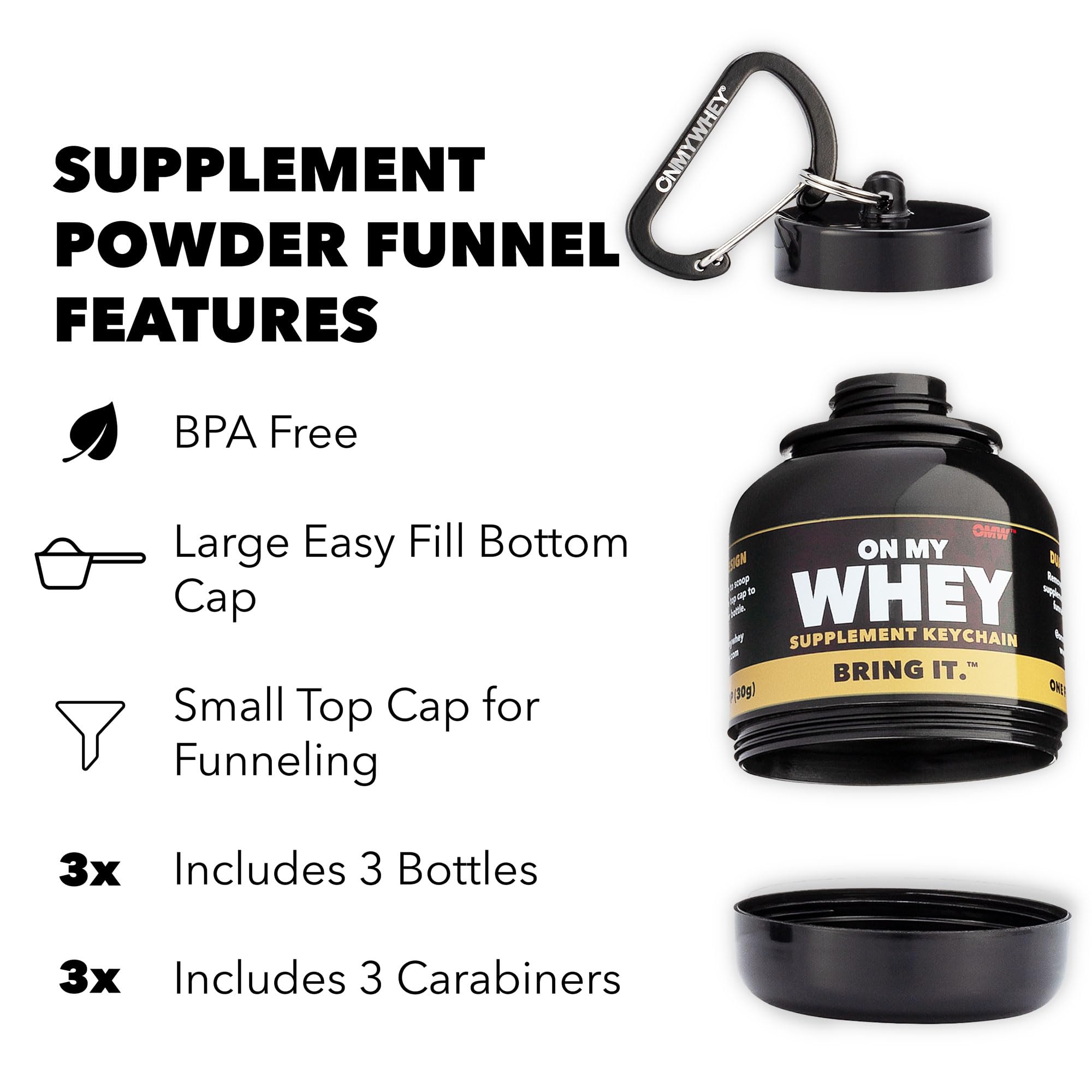 OnMyWhey BPA-free funnel cap shown for safe supplement storage.