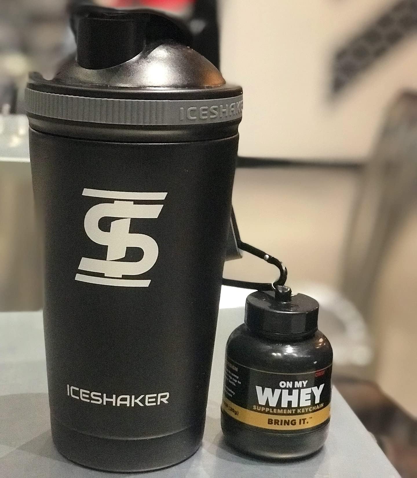 OnMyWhey creatine powder container for travel use.